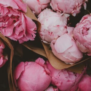 Kâğıda sarılı pembe şakayık buketi